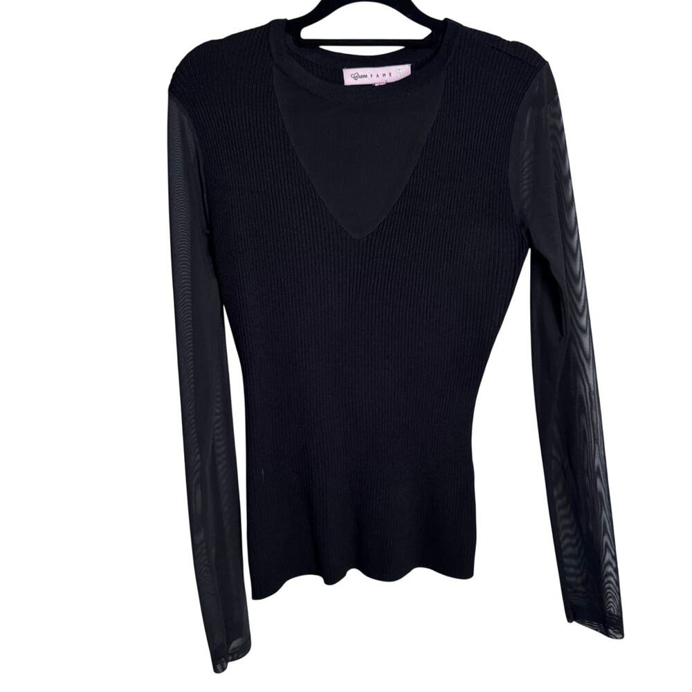 Crave Fame Black Ribbed Knit Long Sleeve Mesh Panel Illusion Neck Top Large Goth